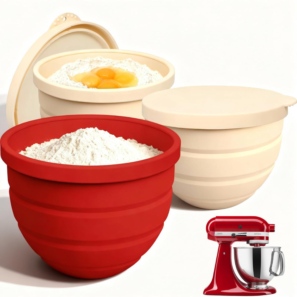 Silicone Bowl Insert for Kitchen Aid 5 Qt Tilt-Head - Patented Design Bowl Liner, 3pack with Lids, Resistant to collapse Thicker Bowl Insert, Foldable, Heat/Cold Resistant (Red/Beige/Pink)