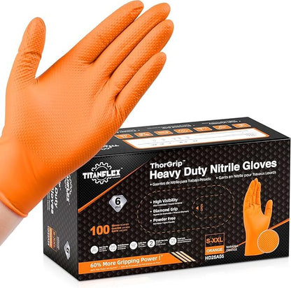 TitanFlex Heavy Duty Industrial Orange Nitrile Gloves, 8-mil, Gloves Disposable Latex Free with Raised Diamond Texture Grip, Powder Free, Rubber Glove, Mechanic Gloves,100-ct Box (Large)