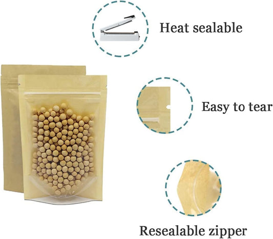 PABCK Clear Front Stand Up Kraft Paper Bags Resealable 4.7x7.9inch 50 Pcs