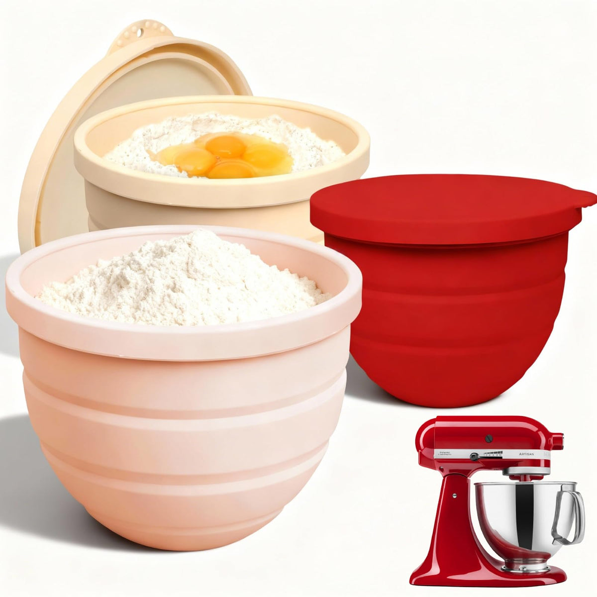 Silicone Bowl Insert for Kitchen Aid 5 Qt Tilt-Head - Patented Design Bowl Liner, 3pack with Lids, Resistant to collapse Thicker Bowl Insert, Foldable, Heat/Cold Resistant (Red/Beige/Pink)
