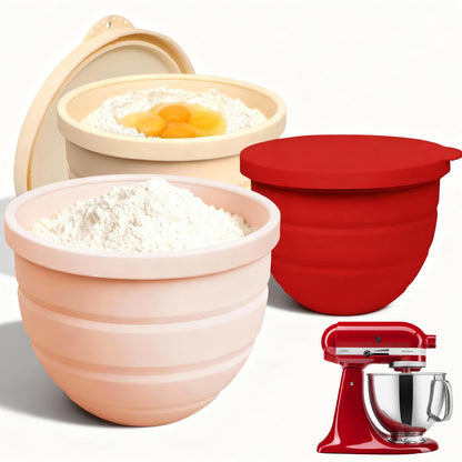 Silicone Bowl Insert for Kitchen Aid 5 Qt Tilt-Head - Patented Design Bowl Liner, 3pack with Lids, Resistant to collapse Thicker Bowl Insert, Foldable, Heat/Cold Resistant (Red/Beige/Pink)