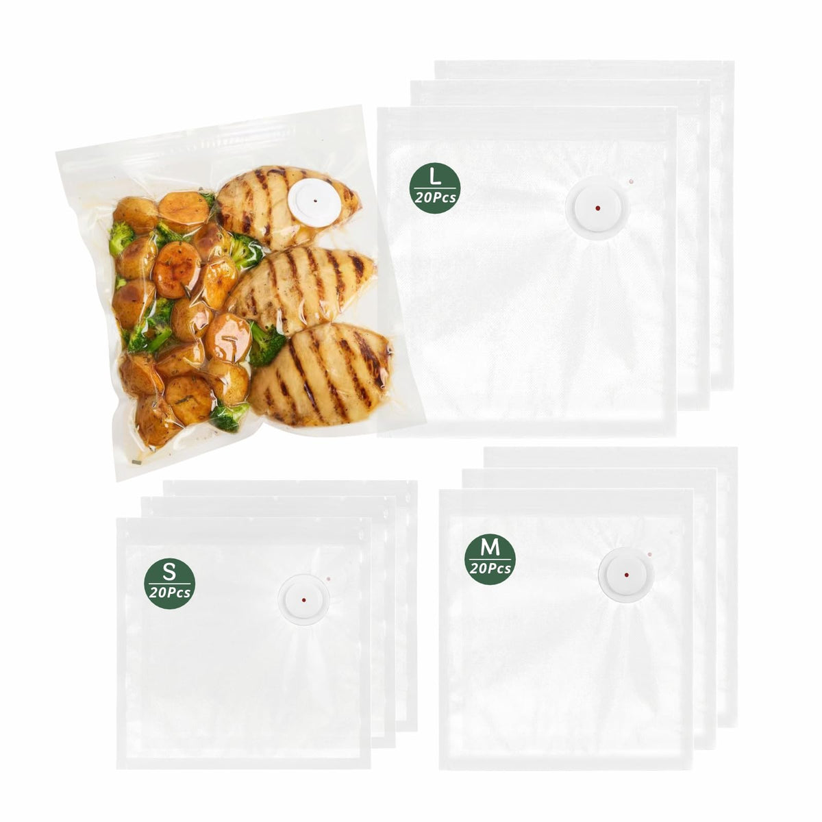 Reusable Vacuum Sealer Bags for Food 45Pcs (S/M/L), BPA-Free Sous Vide Bags for Microwave Heating, Cooking and Freezer Storage, Compatible with Most Handheld Sealers and Vacuum Sealer Machines