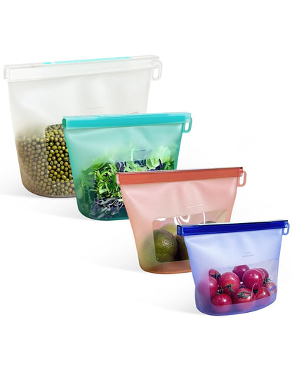 Reusable Silicone Food Storage Bags (Set of 4), Dishwasher Oven Microwave Freezer Safe, Eco-Friendly 100% Platinum, Leakproof Sous Vide Bags, Premium Lunch Containers, 2 Snack 2 Sandwich, Mixed