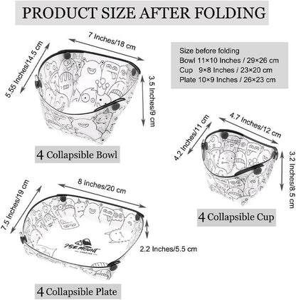 MIUPOO Collapsible Bowl Plate Cup Set,Portable Mess Kit,Food Grade Material Free Folding Plate for Lunch Family Picnic,Collapsible Set of 12, 3 Sizes.