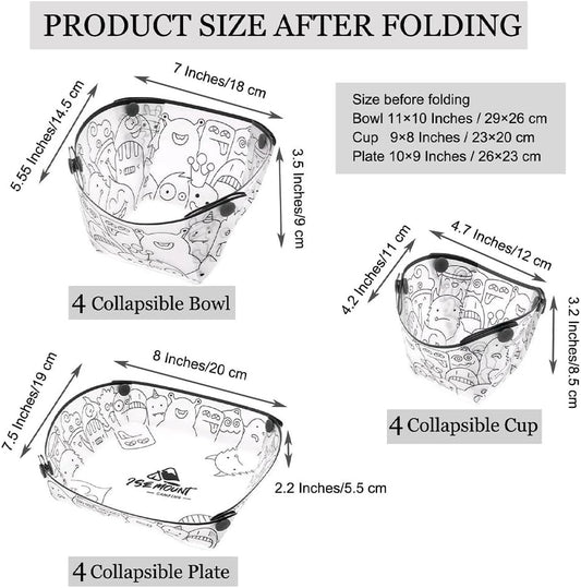 MIUPOO Collapsible Bowl Plate Cup Set,Portable Mess Kit,Food Grade Material Free Folding Plate for Lunch Family Picnic,Collapsible Set of 12, 3 Sizes.