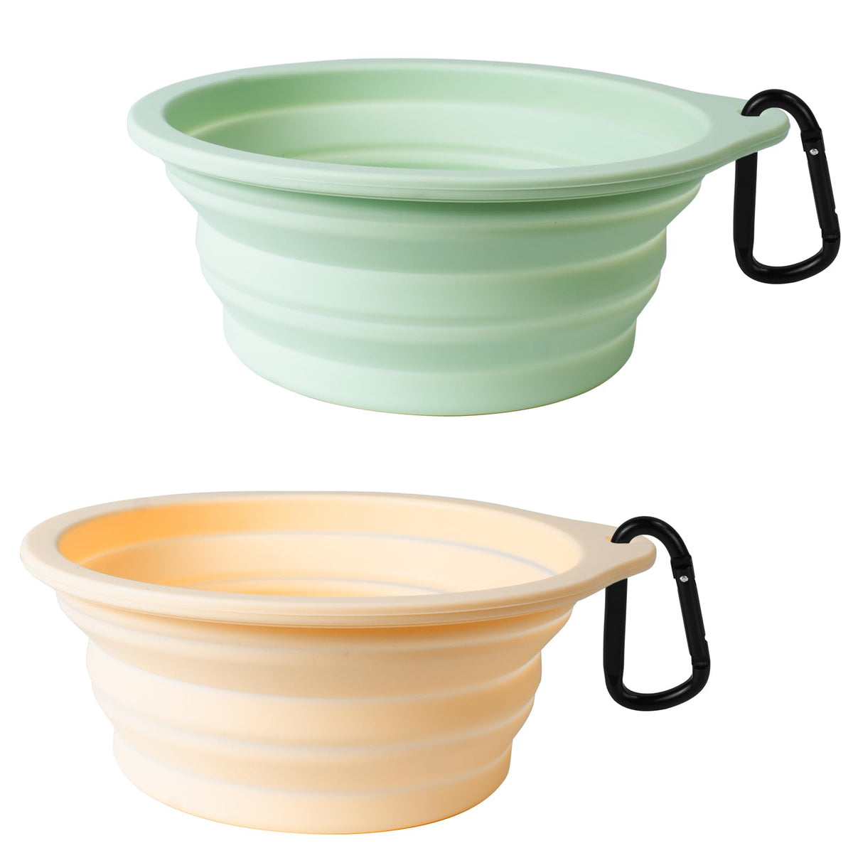 PetBonus 2-Pack Large Silicone Collapsible Dog Bowls, 34oz/1000ml BPA Free Portable Foldable Travel Bowl for Pet Cat, Food Water Feeding Dish for Camping with 2 Carabiners (Turquoise, Tan)