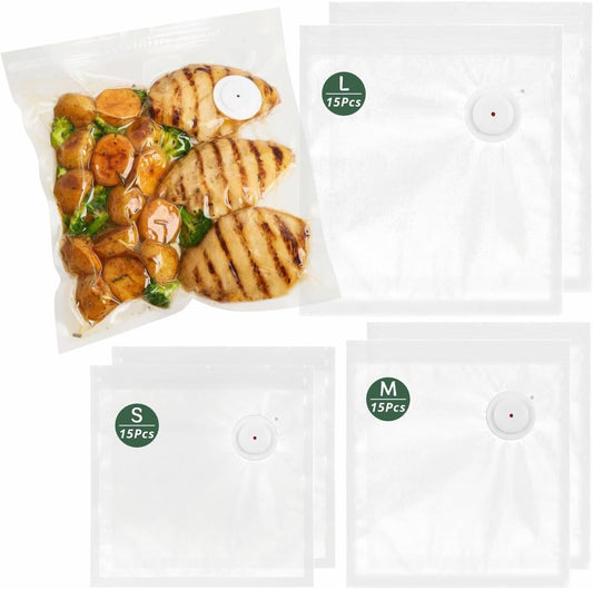Reusable Vacuum Sealer Bags for Food 45Pcs (S/M/L), BPA-Free Sous Vide Bags for Microwave Heating, Cooking and Freezer Storage, Compatible with Most Handheld Sealers and Vacuum Sealer Machines