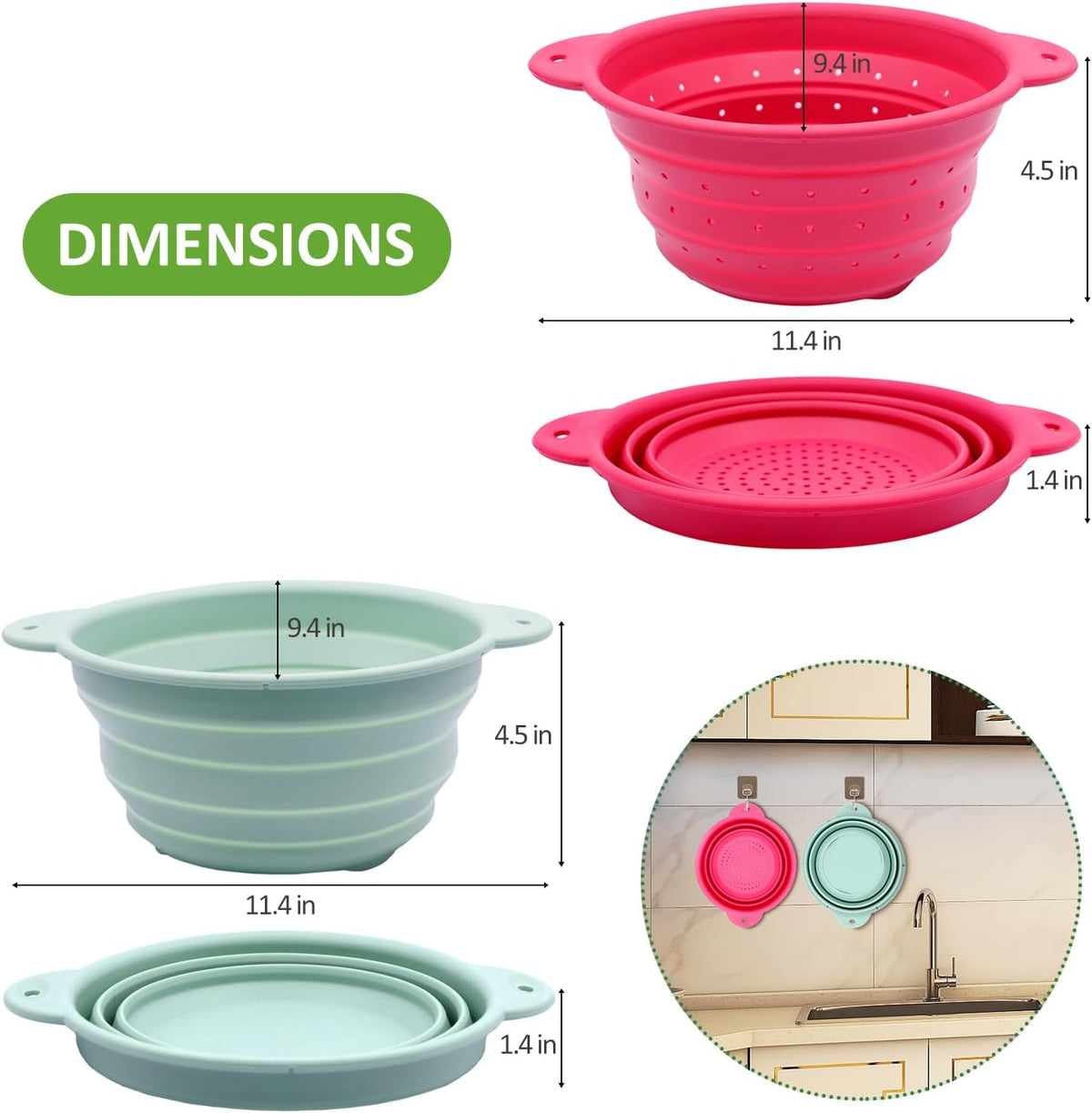 Collapsible Silicone Colander Bowl Set,BPA Free, Heat Resistant, Stainless Steel Nesting, Portable Washing Basket Strainer Drain Basin for Pasta, Vegetable and fruit, Kitchen, Camping, Hiking