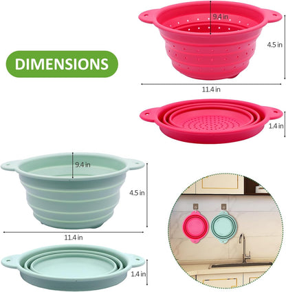 Collapsible Silicone Colander Bowl Set,BPA Free, Heat Resistant, Stainless Steel Nesting, Portable Washing Basket Strainer Drain Basin for Pasta, Vegetable and fruit, Kitchen, Camping, Hiking