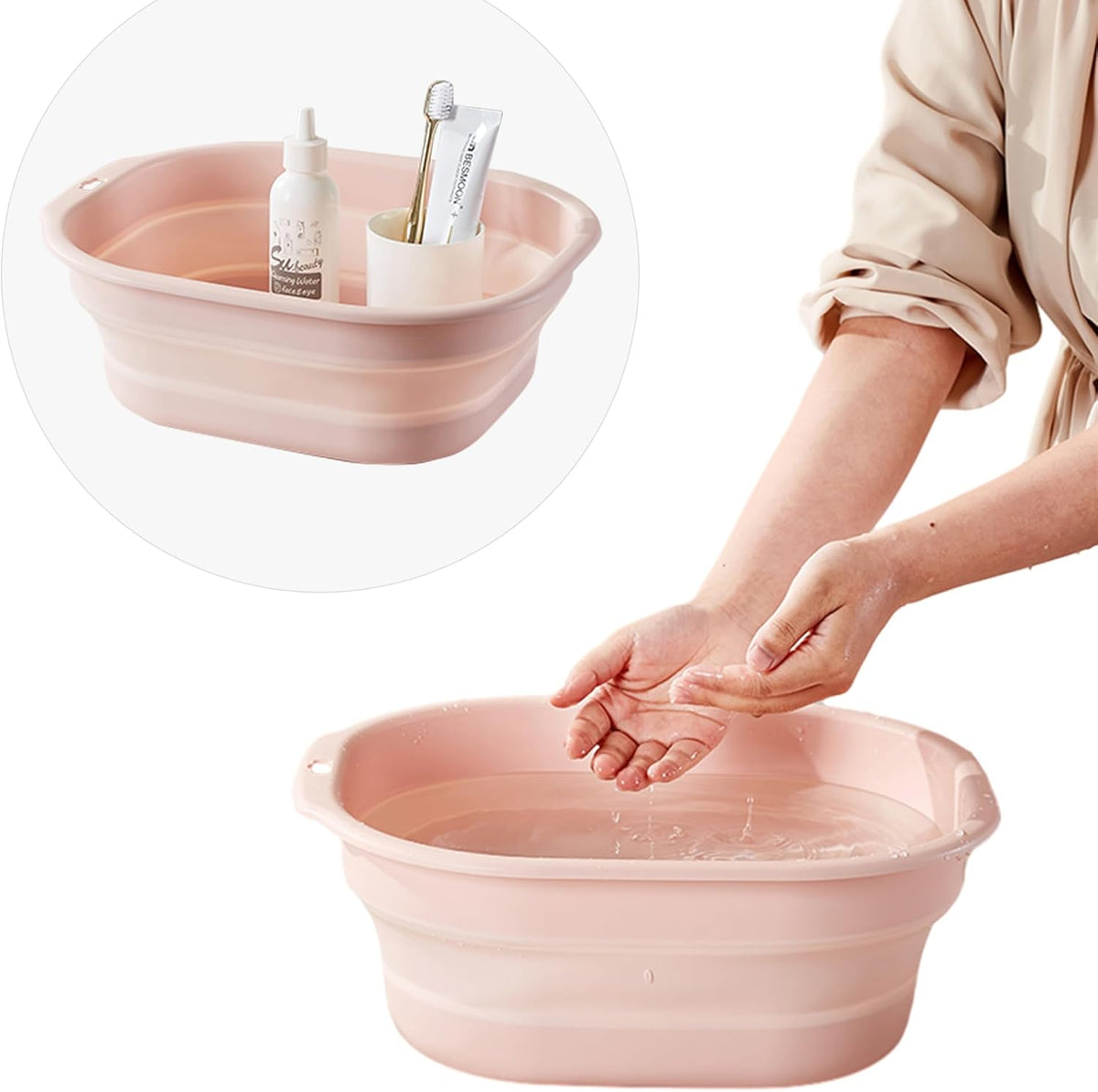 Collapsible Wash Basin Set of 2, Foldable Small Medium Size Wash Basin, Portable Plastic Basins for Laundry, Bottles, Travel, Camping (Pink)