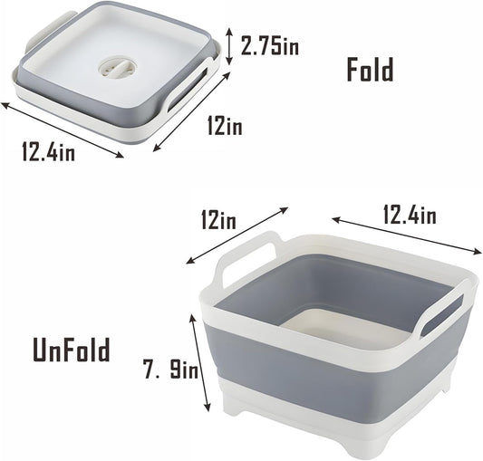 Collapsible Dish Basin with Drain Plug, 9L 2.4 Gallon Portable Wash Basin Dishpan Space Saving Dish Washing Tub Foldable Sink Tub Kitchen Storage Tray Grey