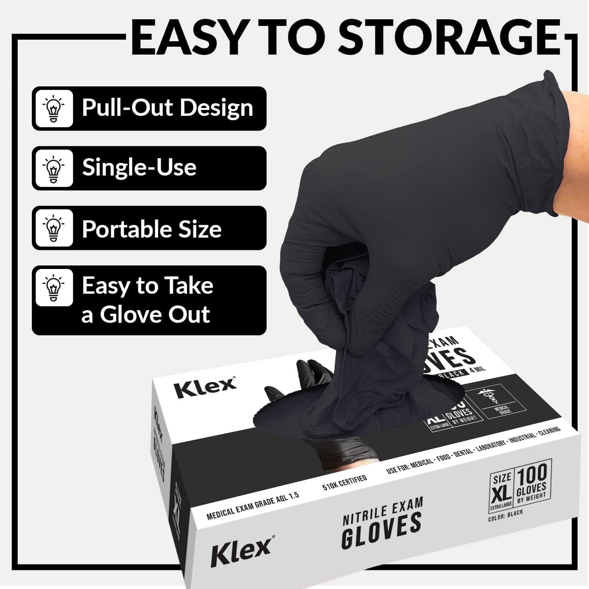 Klex Nitrile Exam Gloves - Medical Grade, Powder Free, Latex Rubber Free, Disposable, Food Safe