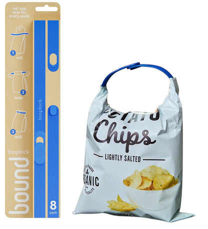 Bound Looplock Reusable Bag Sealer, Roll Top Food Storage Seal, 8 Pack, Blueberry