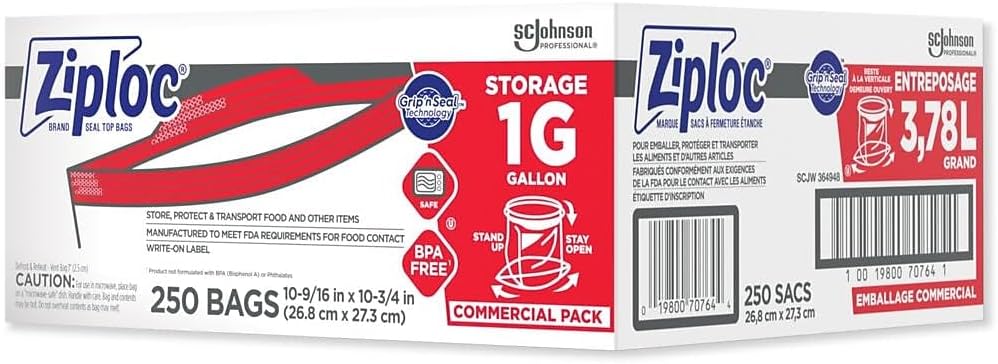 SC Johnson Professional Ziploc Storage Bags with New Grip 'n Seal Technology, For Food Organization and Storage, Double Zipper, Gallon, 250 Count