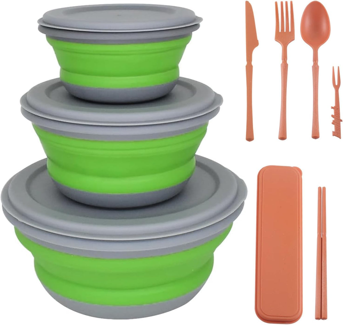 Collapsible Bowl, 3 Pcs Food Grade Silicone Camping Bowl, Expandable Salad Bowl Lunch Box with Lid & Tableware for Travel and Picnic