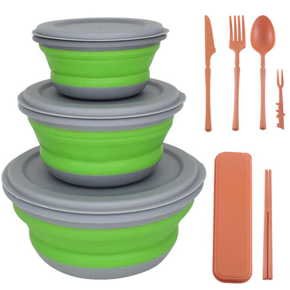 Collapsible Bowl, 3 Pcs Food Grade Silicone Camping Bowl, Expandable Salad Bowl Lunch Box with Lid & Tableware for Travel and Picnic
