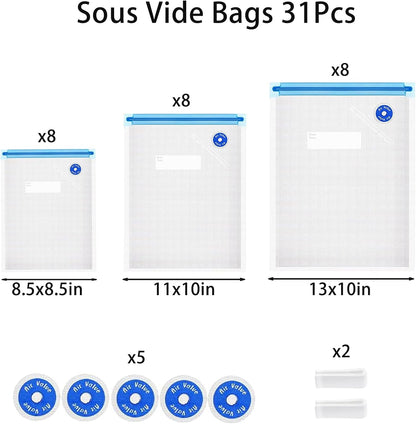 Sous Vide Bags 31 Pcs (24 Pcs Vacuum Zipper Bags & 2 Seal Clips & 5 Air Valves),Reusable BPA Free Vacuum Sealer Bags Vacuum Food Storage Bags for Cooking/Food Storage/Microwave Heating