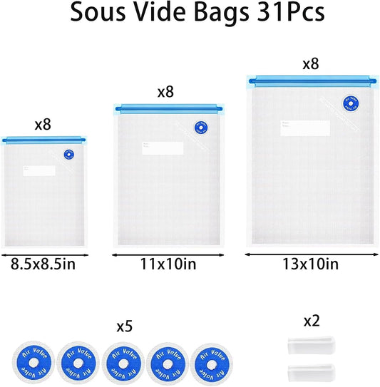 Sous Vide Bags 31 Pcs (24 Pcs Vacuum Zipper Bags & 2 Seal Clips & 5 Air Valves),Reusable BPA Free Vacuum Sealer Bags Vacuum Food Storage Bags for Cooking/Food Storage/Microwave Heating