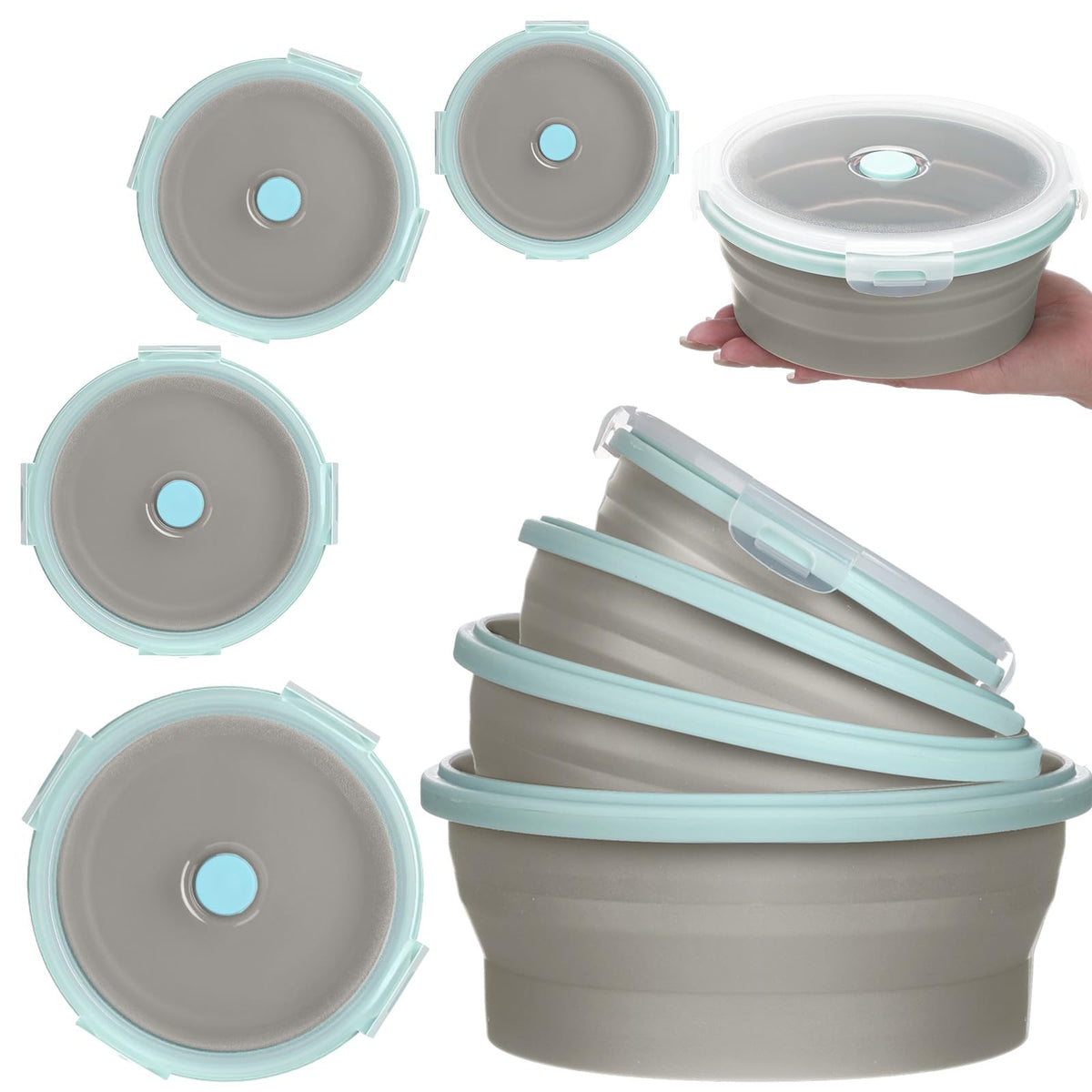 Suclain 4 Pcs Collapsible Bowls with Lids Silicone Camping Food Storage Container Expandable Folding Salad Lunch Box Travel Container for Hiking Camping