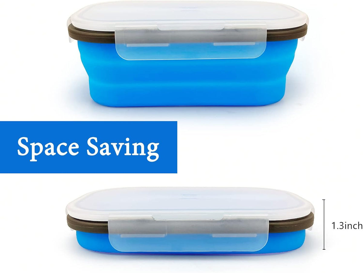 Collapsible Lunch Box Containers, Silicone Bento Box with Airtight Lid and 2 in1 Spoon & Fork, 1000ml Large Portion Reusable Silicone Food Storage Container, Microwave Dishwasher Safe