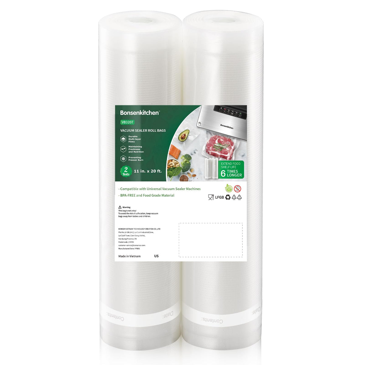 Bonsenkitchen Vacuum Sealer Bags, 8" x 50' Rolls 2 pack for Food Storage
