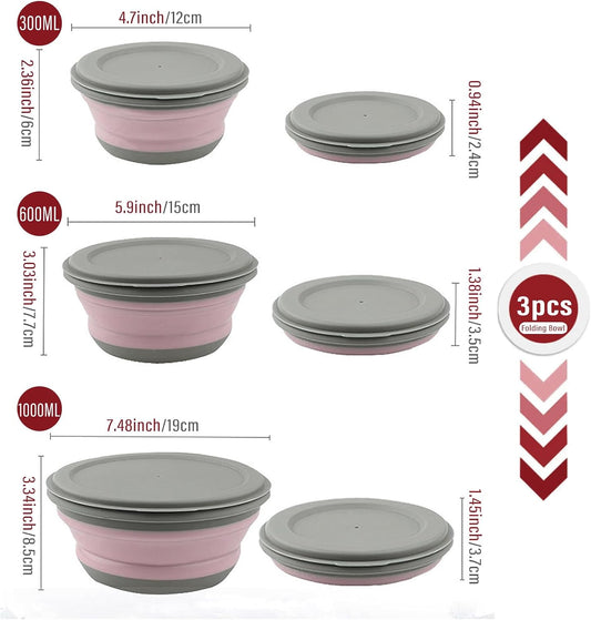 Collapsible Bowl, 3 Pcs Food Grade Silicone Camping Bowl, Expandable Salad Bowl Lunch Box with Lid & Tableware for Travel and Picnic