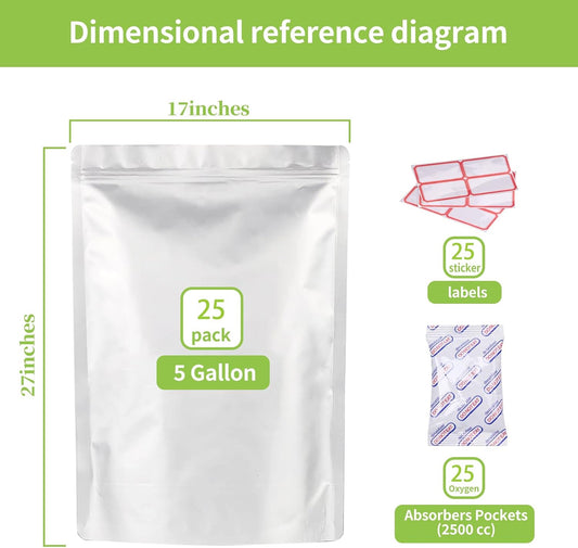 25 Pcs 5 Gallon Mylar Bags with Oxygen Absorbers - 10 Mil Thick