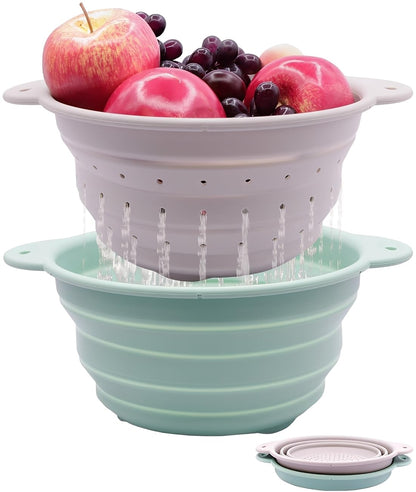 Collapsible Silicone Colander Bowl Set,BPA Free, Heat Resistant, Stainless Steel Nesting, Portable Washing Basket Strainer Drain Basin for Pasta, Vegetable and fruit, Kitchen, Camping, Hiking