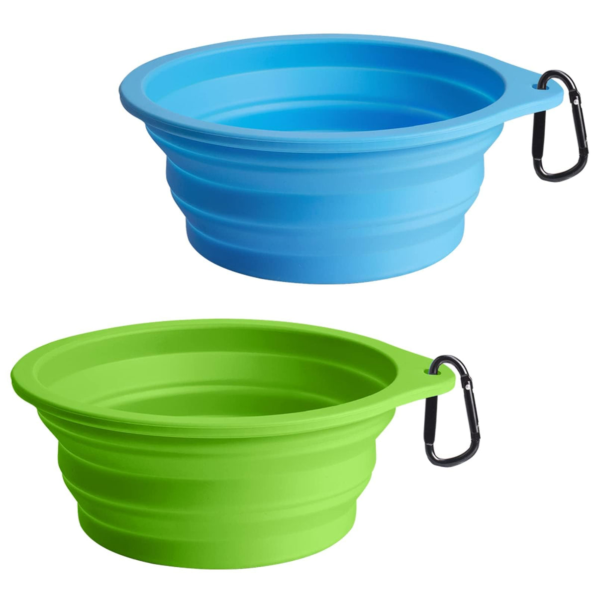PetBonus 2-Pack Silicone Collapsible Dog Bowls, BPA Free Dishwasher Safe, Portable Foldable Expandable Travel Bowl, Food Water Feeding Cup Dish for Dogs Cats with 2 Carabiners (Light Blue & Green)