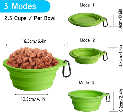 PetBonus 2-Pack Silicone Collapsible Dog Bowls, BPA Free Dishwasher Safe, Portable Foldable Expandable Travel Bowl, Food Water Feeding Cup Dish for Dogs Cats with 2 Carabiners (Light Blue & Green)