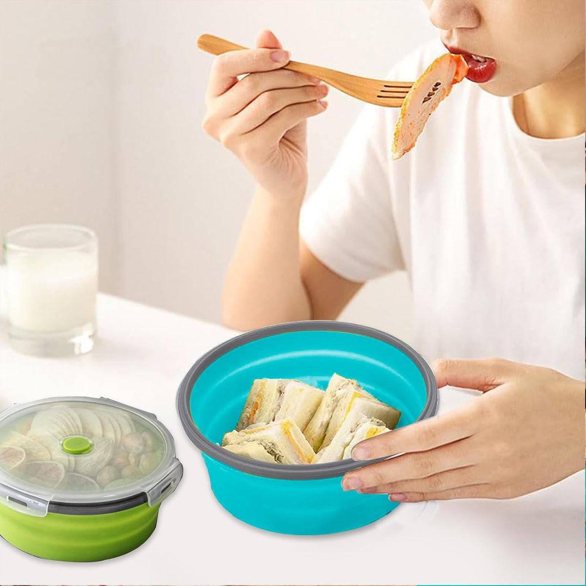 2 Pcs Collapsible Bowls with Lids, Foldable Meal Prep Containers Reusable, Silicone Food Storage Containers, Camper Must Haves Rv Camping Accessories for Travel Trailers, Microwave and Freezer Safe