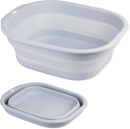 Collapsible Wash Basin Set of 2, Foldable Small Medium Size Wash Basin, Portable Plastic Basins for Laundry, Bottles, Travel, Camping (Light Blue)