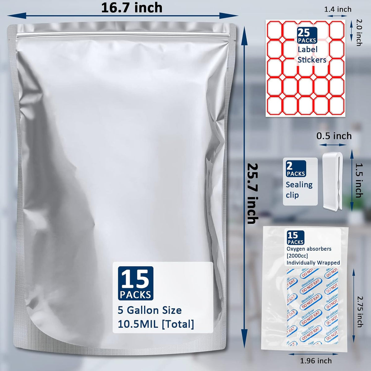 15 Pack 5 Gallon Mylar Bags with 15 x 2000cc Oxygen Absorbers