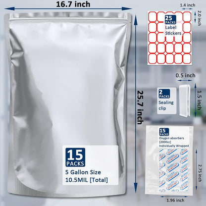 15 Pack 5 Gallon Mylar Bags with 15 x 2000cc Oxygen Absorbers
