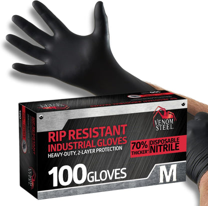 Venom Steel Industrial Nitrile Gloves, Chemical Resistant Disposable Black Gloves, Latex-Free, Powder-Free, Textured Grip, Heavy Duty Two-Layer Protection, 6 mil,Medium, 100 Count