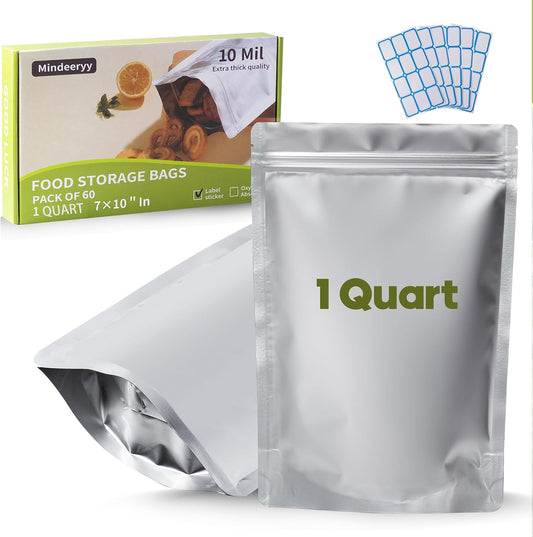 60pcs 1 Quart Mylar Bags for Food Storage Extra Thick 10 Mil