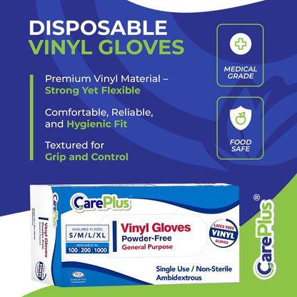 CARE PLUS Vinyl Gloves Clear Medium, Disposable Latex Free, 100 Count