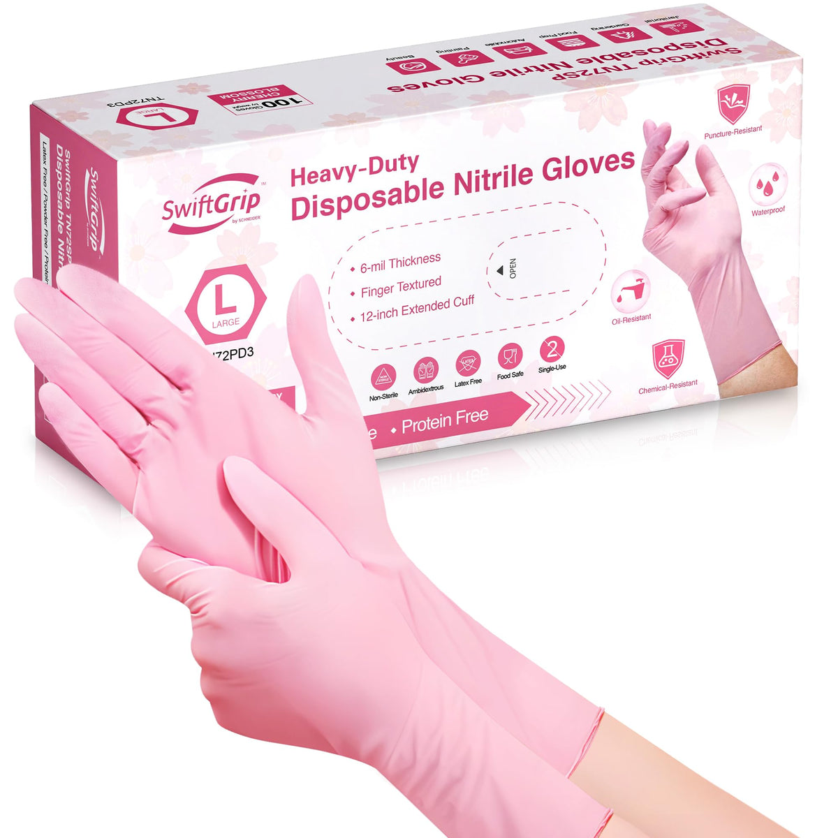 SwiftGrip Disposable Nitrile Dishwashing Gloves, Extended 12 Inches Cuff, 6-mil, Cherry Blossom Cleaning Gloves, Latex-Free