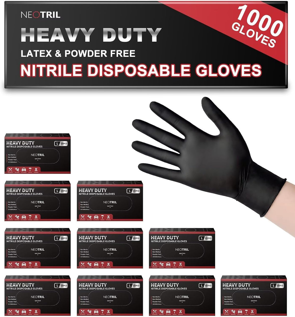 NEOTRIL 6 Mil Heavy Duty Black Nitrile Disposable Gloves, Latex Powder-Free, Textured Rubber Gloves for Cooking Mechanic