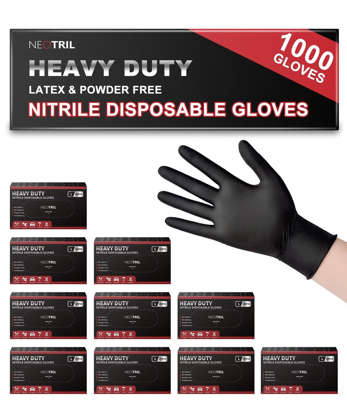 NEOTRIL 6 Mil Heavy Duty Black Nitrile Disposable Gloves, Latex Powder-Free, Textured Rubber Gloves for Cooking Mechanic
