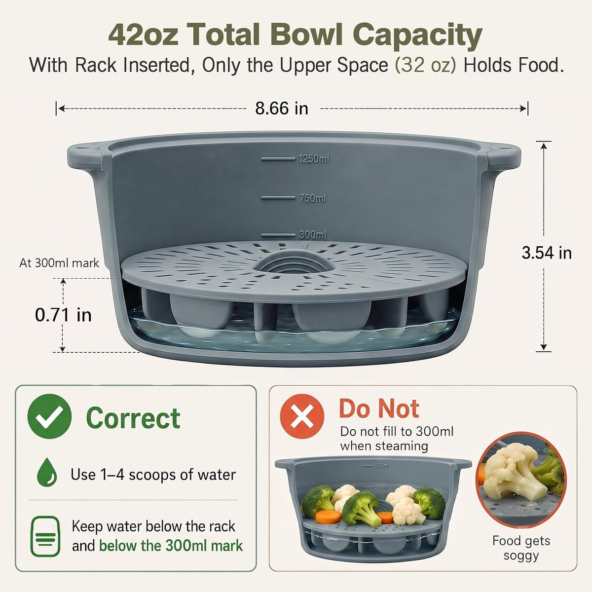 42oz Collapsible Silicone Microwave Steamer for Vegetables, Gray