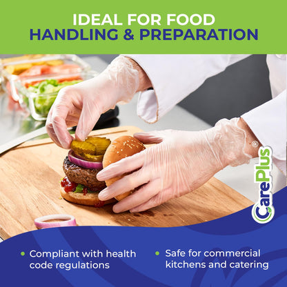 CARE PLUS Vinyl Gloves Clear Medium, Disposable Latex Free, 100 Count