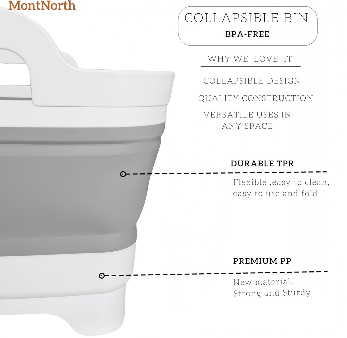 MontNorth Collapsible Wash Basin 9L, Foldable Dish Tub with Drain Plug, Portable Collapsible Dish Basin, Camping Sink for Washing Dishes, Laundry & Kitchen Use,Gray