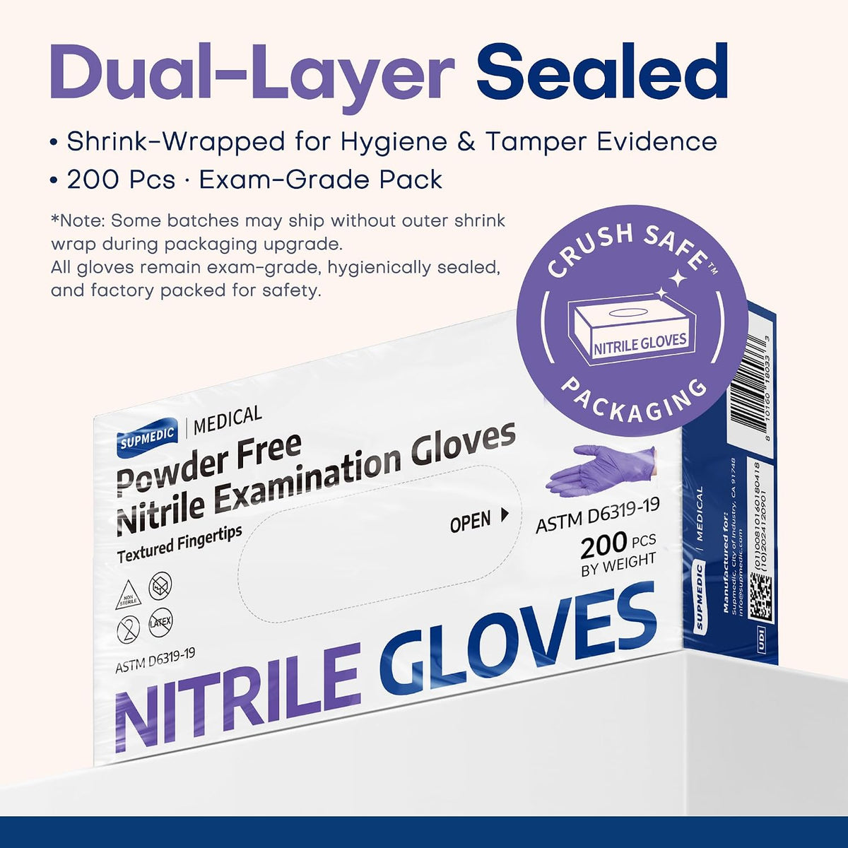 Nitrile+ Supmedic Medical Soft Max Disposable Gloves Powder-Free Violet 200