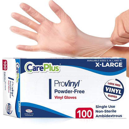 CARE PLUS Vinyl Gloves Clear Medium, Disposable Latex Free, 100 Count