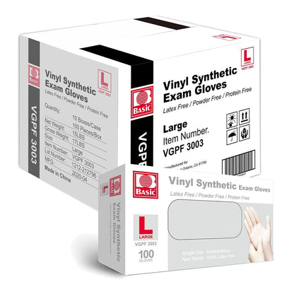 Basic Medical Clear Vinyl Exam Gloves, Latex-, Powder-Free, Case of 1,000, Large