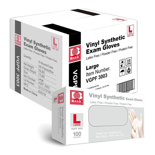 Basic Medical Clear Vinyl Exam Gloves, Latex-, Powder-Free, Case of 1,000, Large