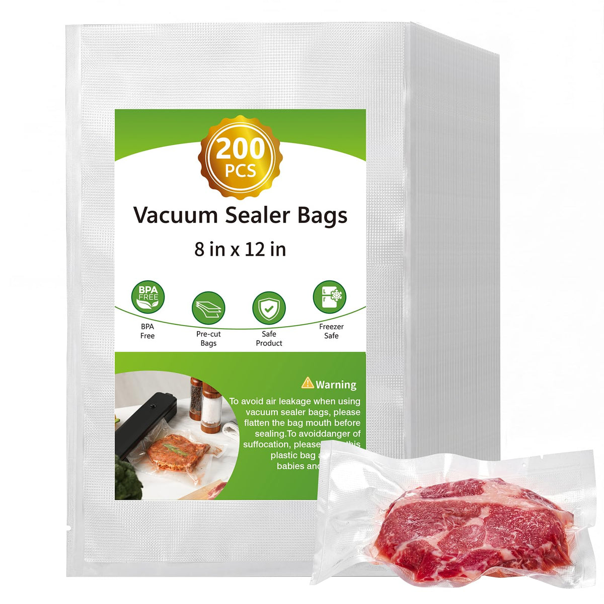 Vacuum Sealer Bags for Food Storage, 8" x 12" Vacuum Seal Bags, 200 Count
