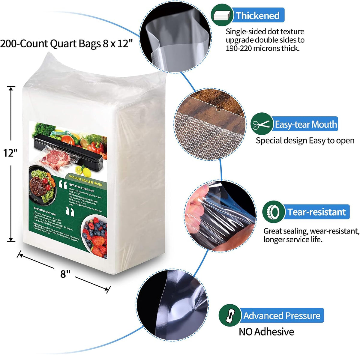 AENTGIU 200 Precut Vacuum Sealer Bags For Food, 8x12 Inch Thick BPA-Free