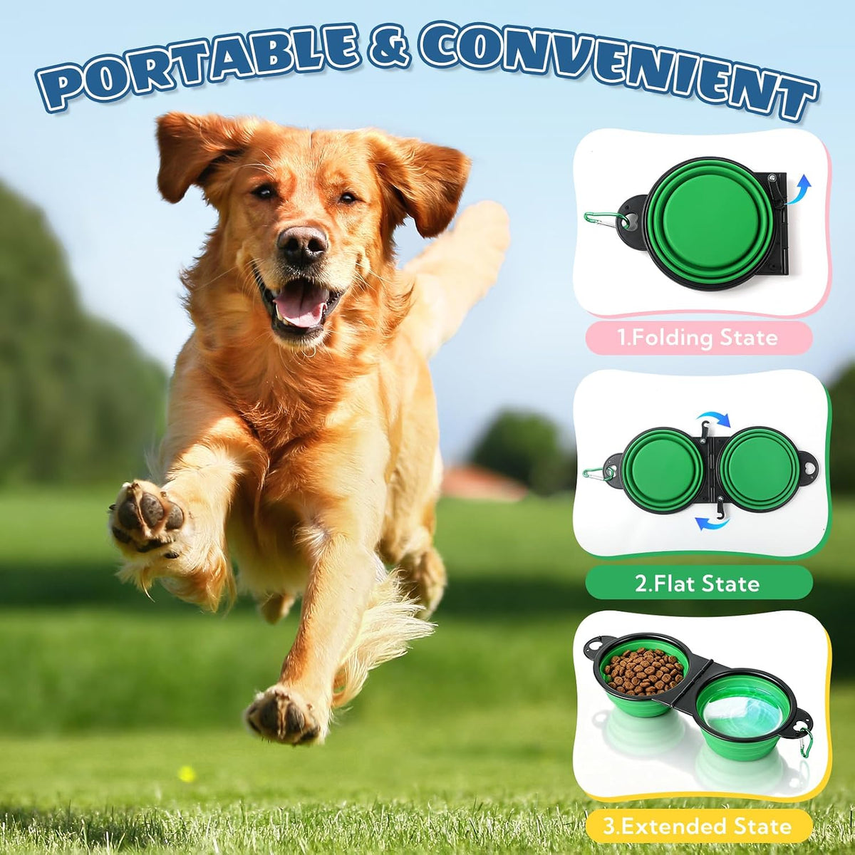 6 Pack Collapsible Dog Bowls Dual Travel Bowls, 180° Foldable Pet Water Food Feeder with Reinforced Rim & Lock Clips, Portable Dog Bowls for Walking Hiking Camping (6 Colors)